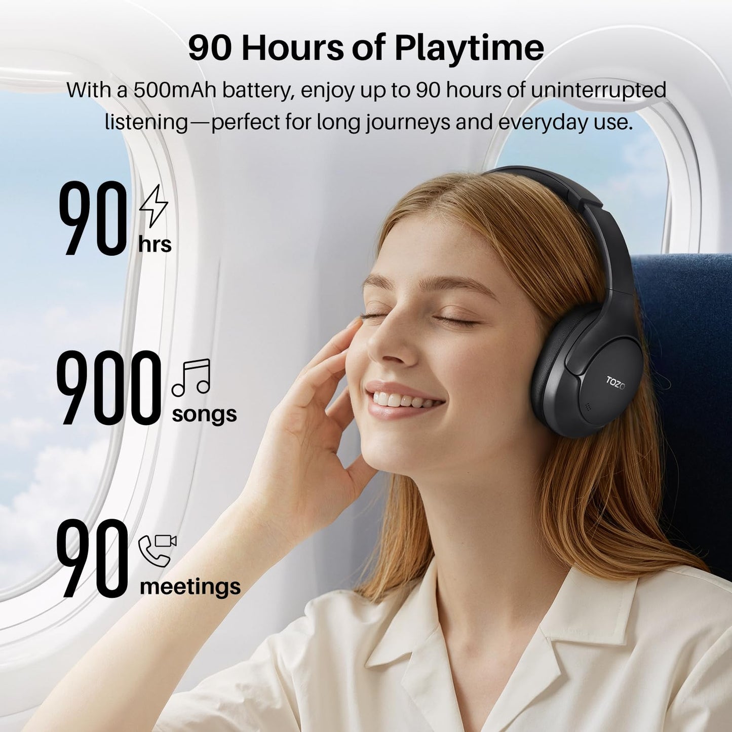 TOZO HT3 Hybrid Noise Cancelling Headphones, 90H Playtime Wireless Over Ear Bluetooth Headset, Spatial Audio AI Chat with 5 Mics, Supports Dual…