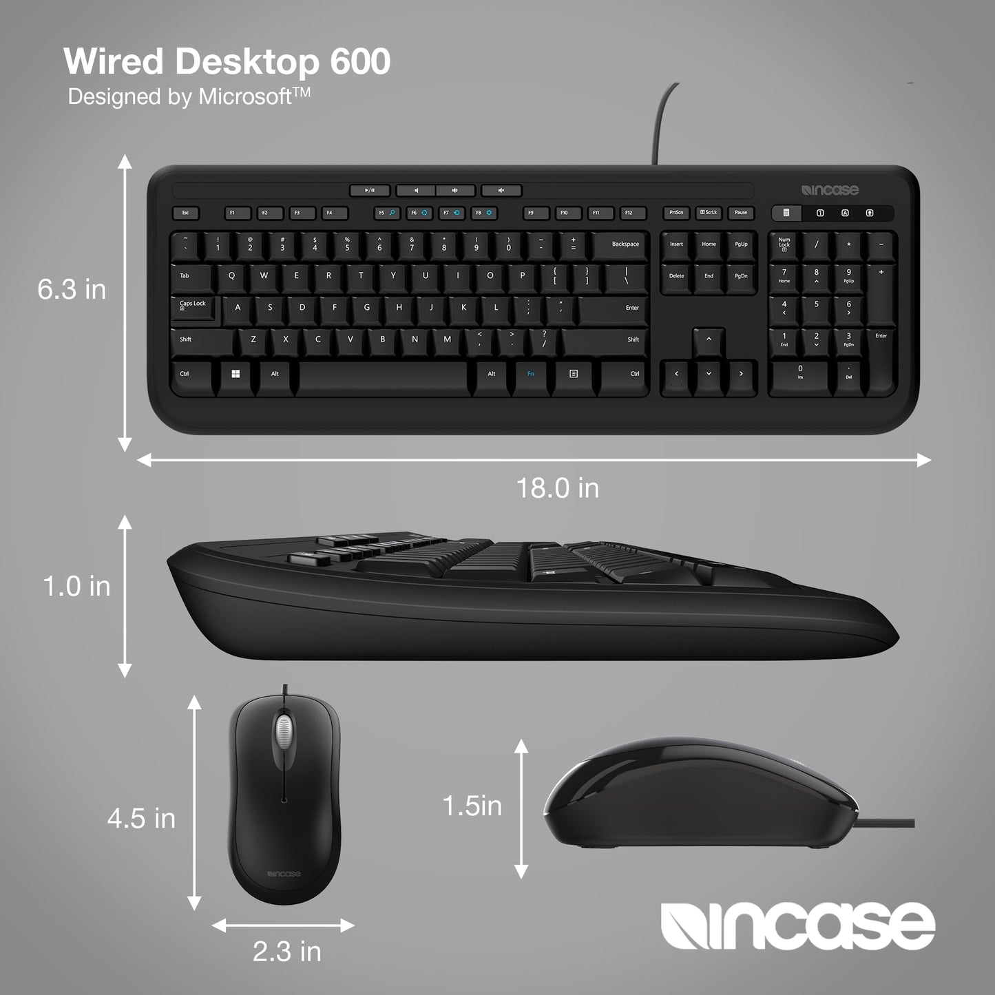 Incase Wired Desktop 600 Keyboard & Mouse Combo - Designed by Microsoft - Four Hot Keys, Spill-Resistant Keyboard, Quiet-Touch Keys, Optical Mouse