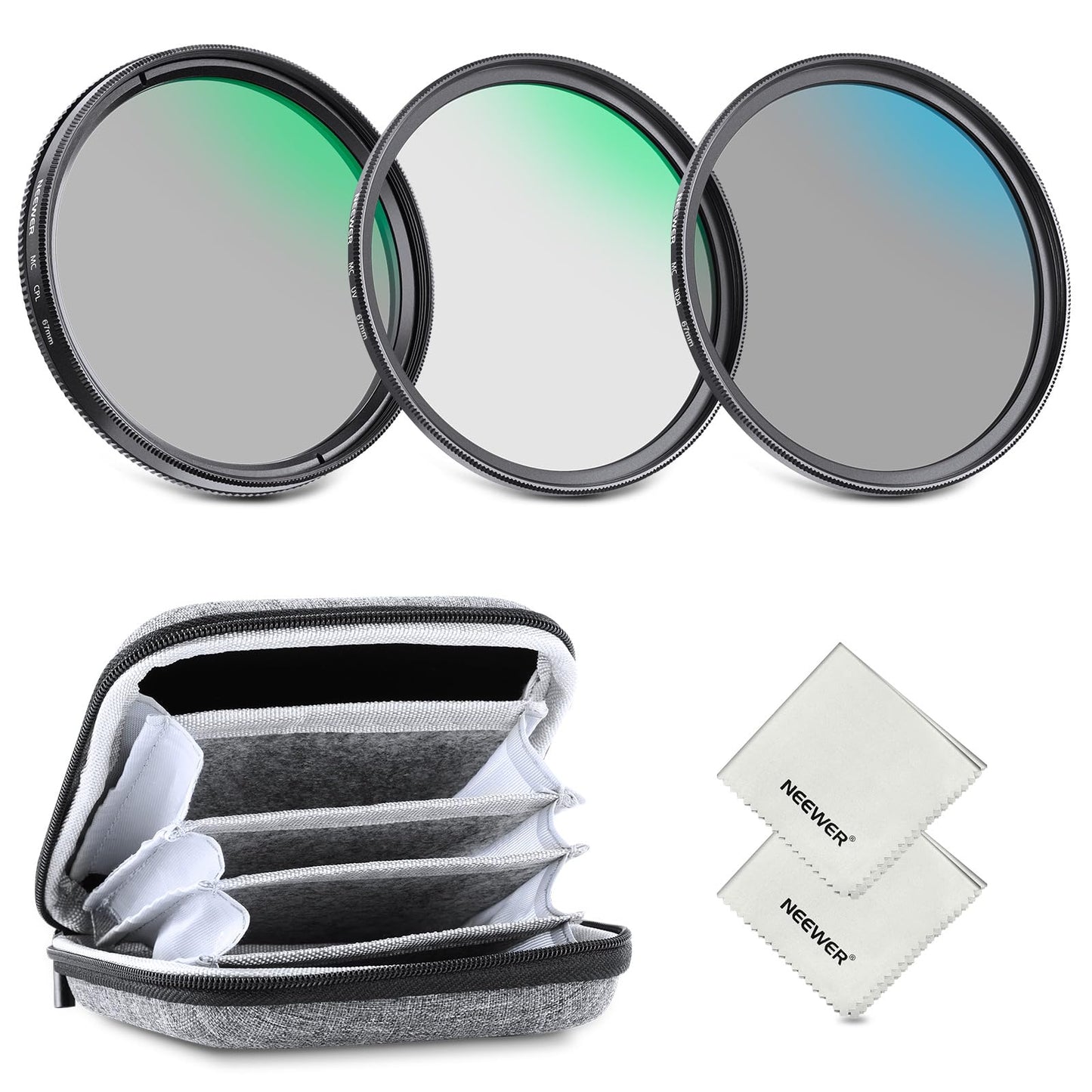 NEEWER 67mm ND Lens Filter Kit with Storage Case & Cleaning Cloth, UV CPL ND4, Multicoated Optical Glass, Aluminum Alloy Frame, Circular Polarizing