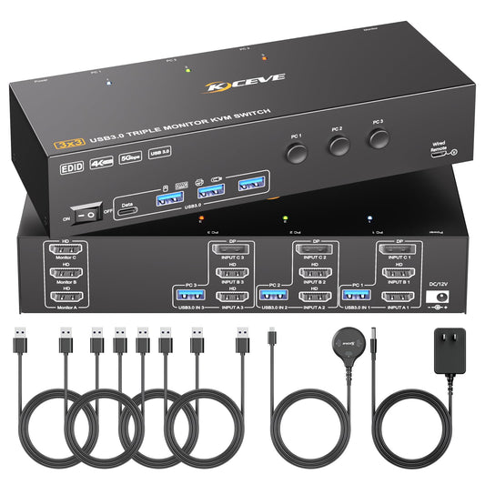 KVM Switch 3 Monitors 3 Computers 4K@60Hz,EDID Simulation,HDMI Displayport Triple Monitor KVM Switch,3 Monitor KVM with 4 USB 3.0 Ports for Keyboard