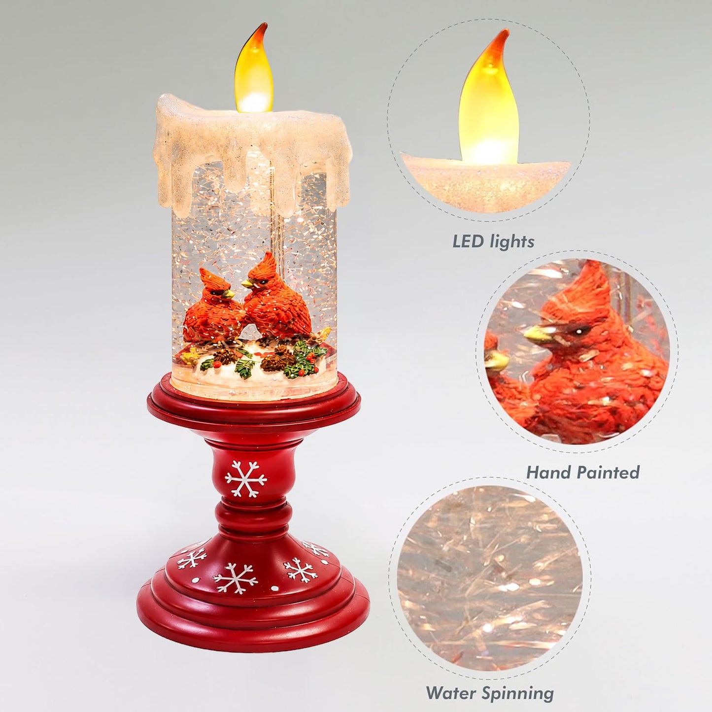 MOMENTS IN TIME LED Lighted Spinning Water Candle with Cardinals 10”H Acrylic Glitter Candle Decor Battery Operated Christmas Decoration Light-Up