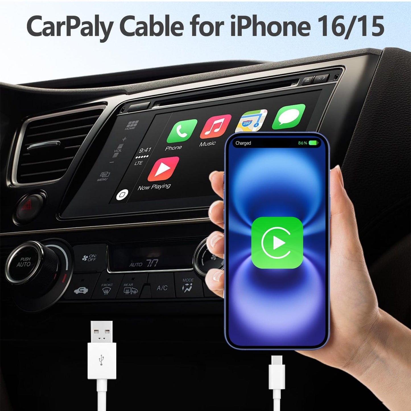 BWOGGJ Car Carplay USB C Cable for iPhone 17 16 15 Pro Max, iPhone Air, 17 16 15 Plus, iPhone 16e, USB A to USB C Fast Charger Carplay USBC Cable Car