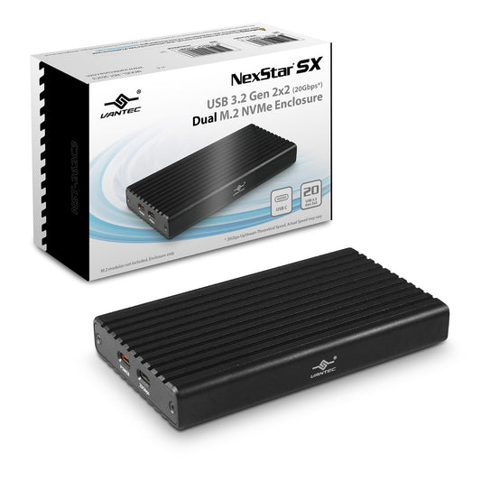 Vantec NexStar SX, USB 3.2 Gen2x2 (20Gbps), M.2 NVMe Enclosure only, USB C, Design for Two M.2 NVMe Storage (NST-262C3)