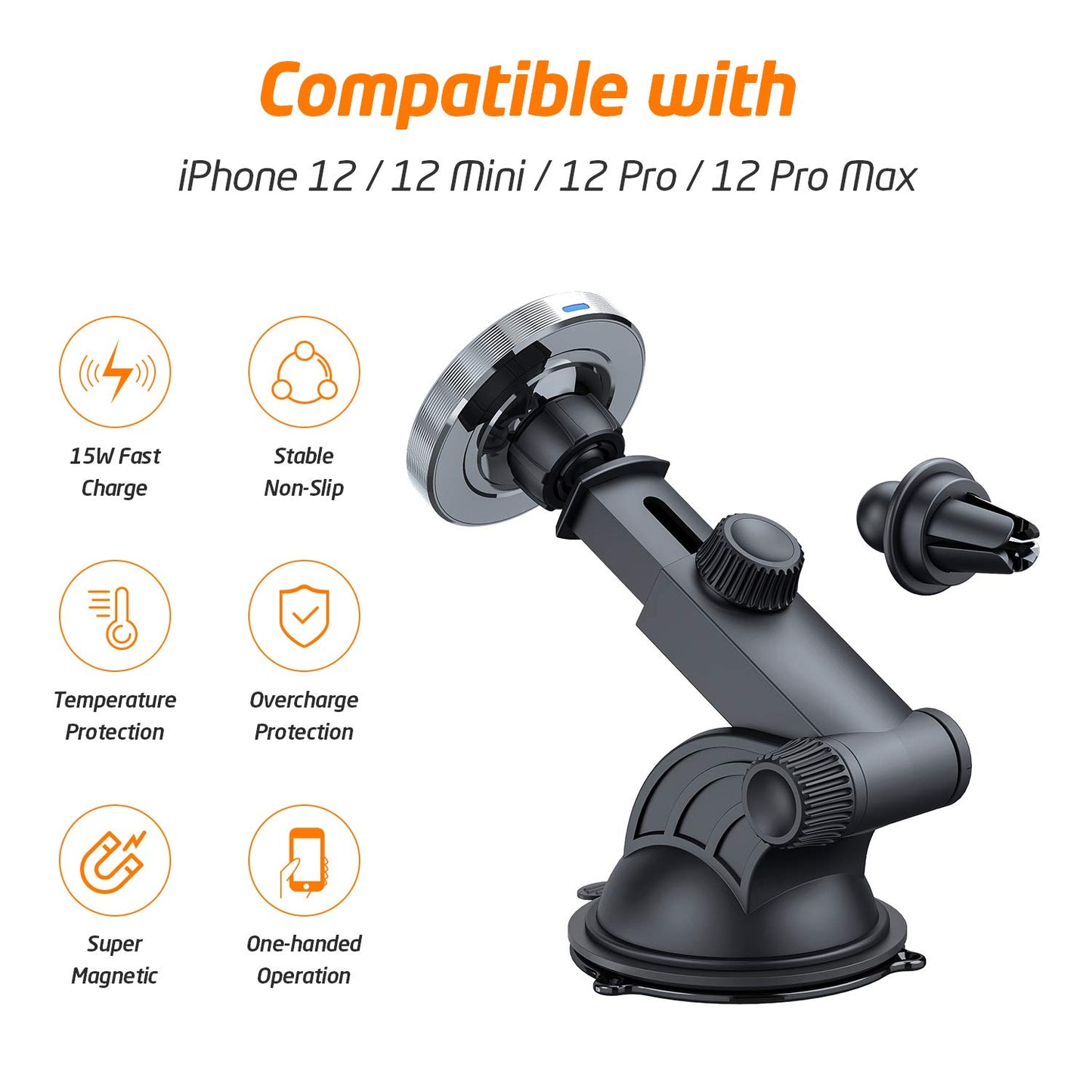 WixGear 15W Wireless Magnetic Car Charger, Air Vent & Dashboard Mount for iPhone 13/13 Pro/12/X Thru Mini with Auto Alignment