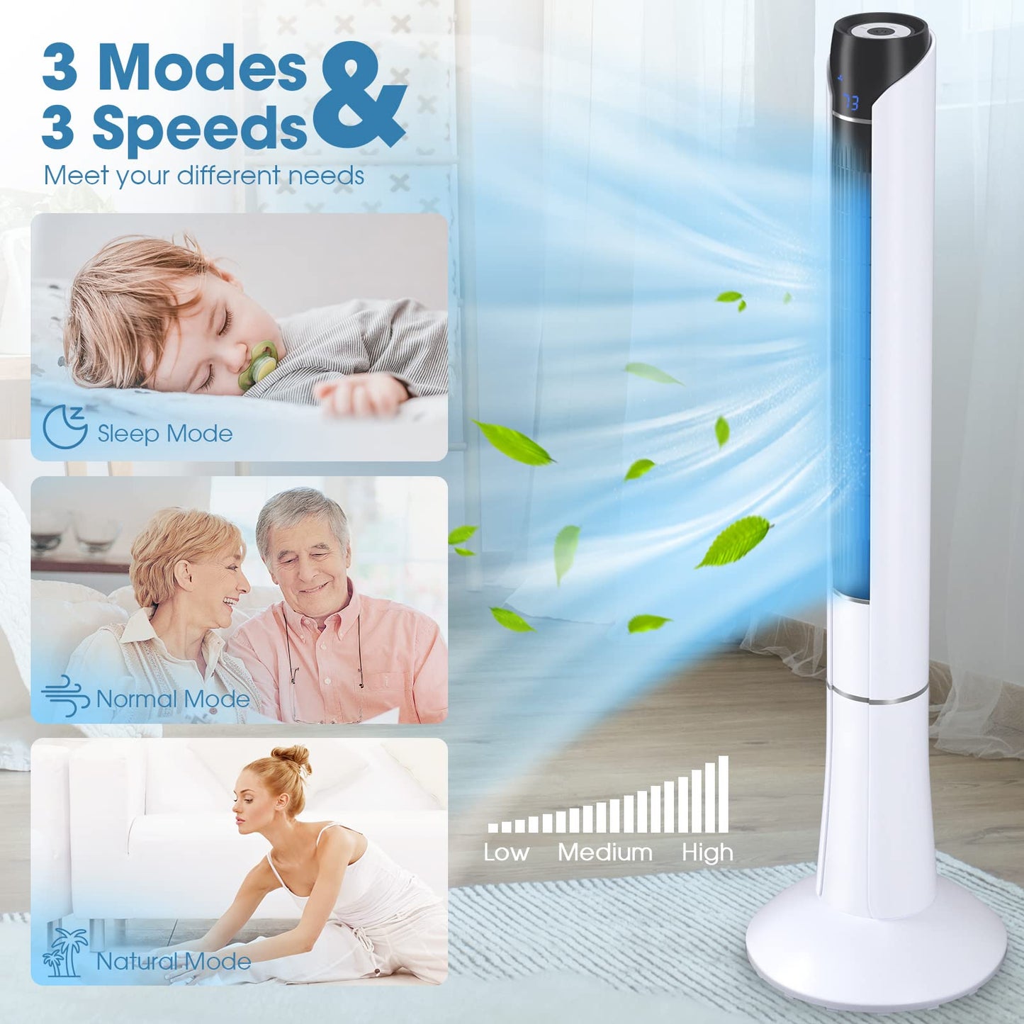 LDAILY 48” Tower Fan, 80 °Oscillating Bladeless Fan w/Remote Control, LED Display, 15H Timer, 3 Speeds, 3 Modes, Portable Quiet Standing Fan