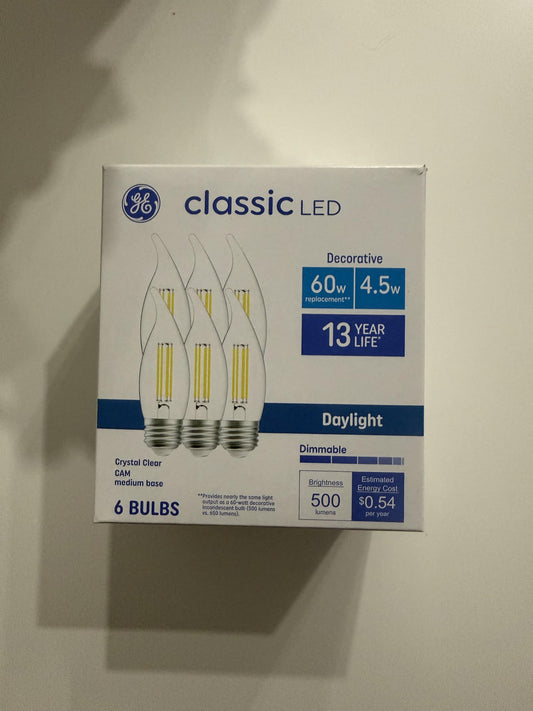 GE Classic Candle LED Bulbs, Decorative, 60W Equivalent, Daylight, Medium Base (6 Pack)