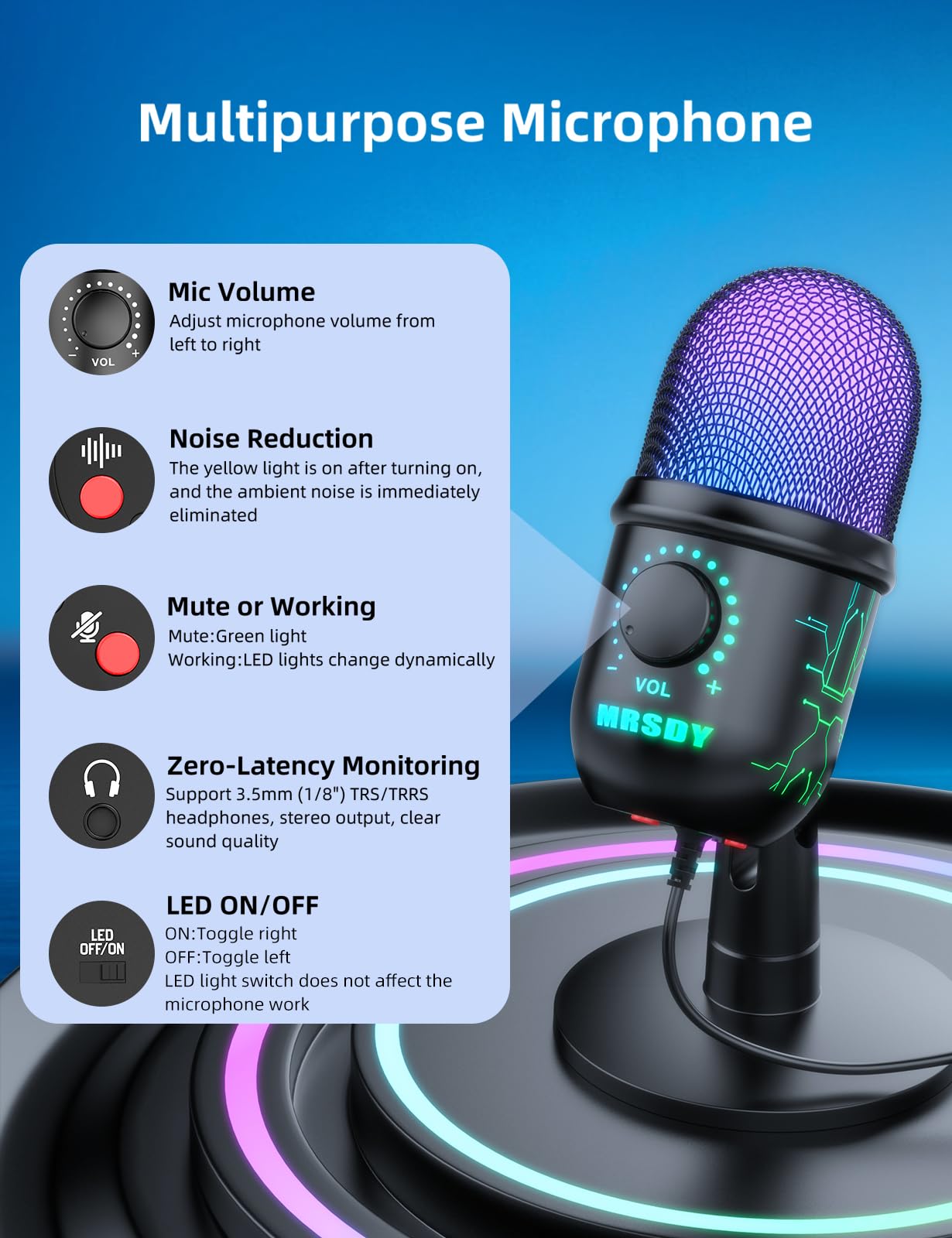 MRSDY Gaming Microphone, USB Computer Microphone for PC, Mac, PS4/5, Condenser Podcast Mic for Studio Recording, YouTube, Streaming, with Headphone