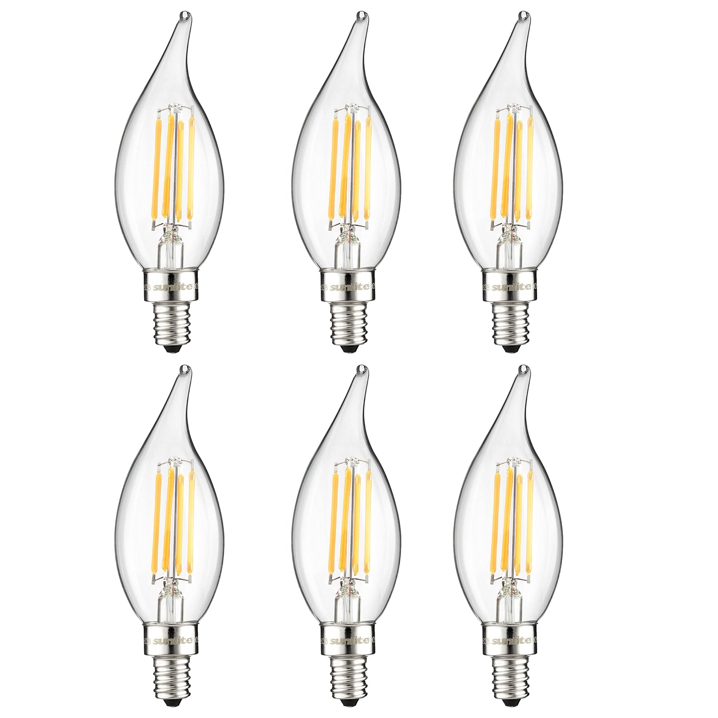 Sunlite 41651 LED Filament Flame Tip Chandelier Light Bulb, 4 Watts (40W Equivalent) 400 Lumens, Candelabra (E12) Base, Dimmable, Clear Glass Edison