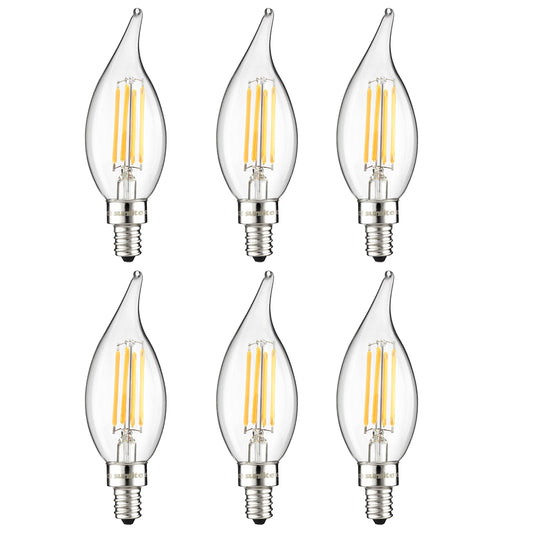Sunlite 41651 LED Filament Flame Tip Chandelier Light Bulb, 4 Watts (40W Equivalent) 400 Lumens, Candelabra (E12) Base, Dimmable, Clear Glass Edison