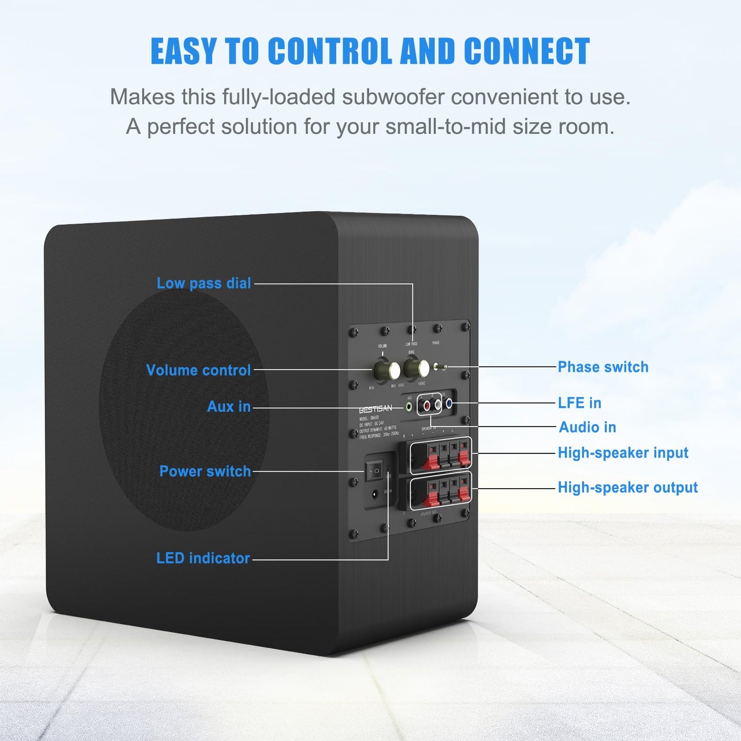 BESTISAN Powered Subwoofer, 6.5'' Side Firing Home Audio Sub, Deep Bass Response Subwoofers, Easy Setup with Home Theater Systems, TV, Speakers, RCA