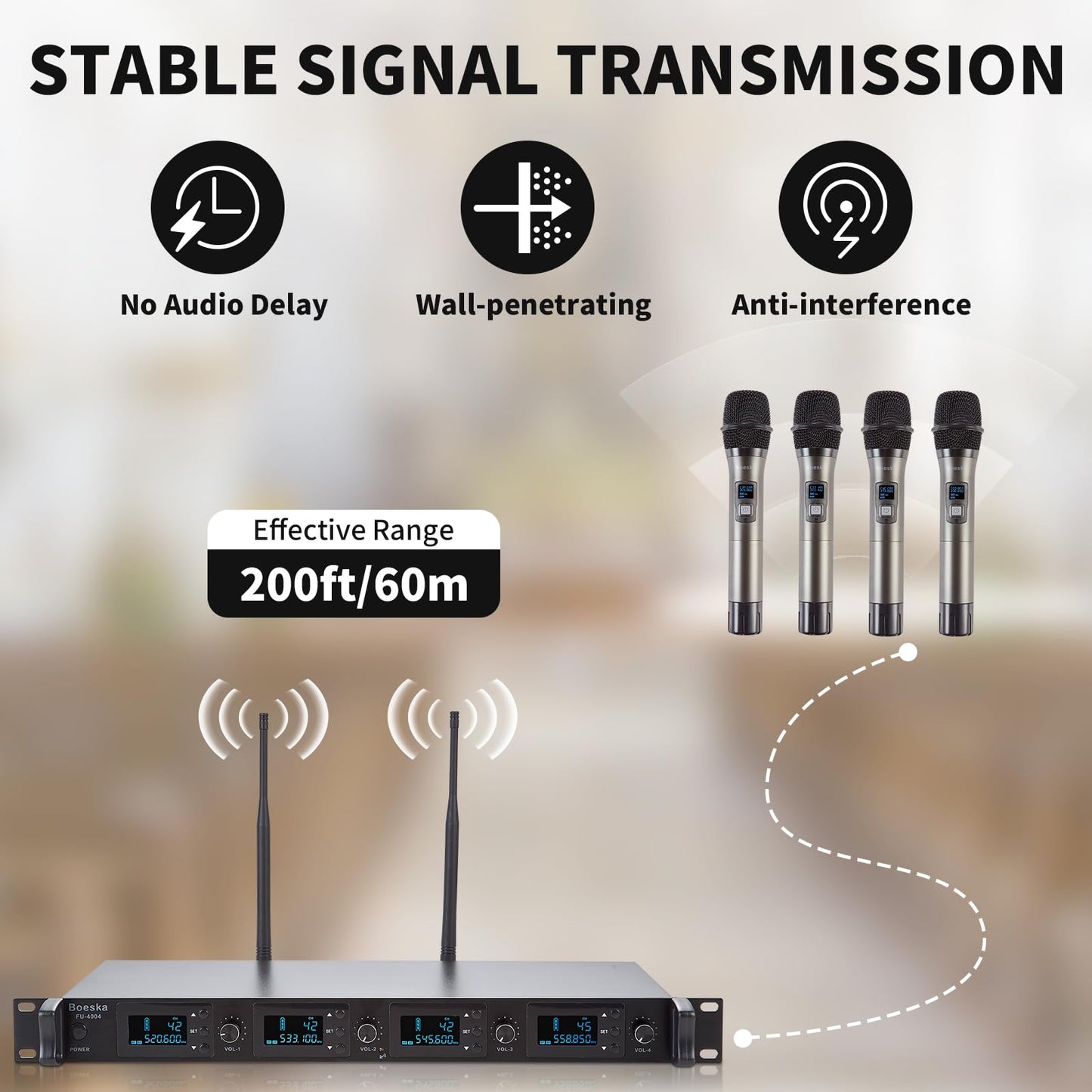 Boeska Wireless Microphone System, 4-Channel UHF Wireless Mic, Fixed Frequency Metal Cordless Mic with 4 Handheld Dynamic Microphones, 200ft Range