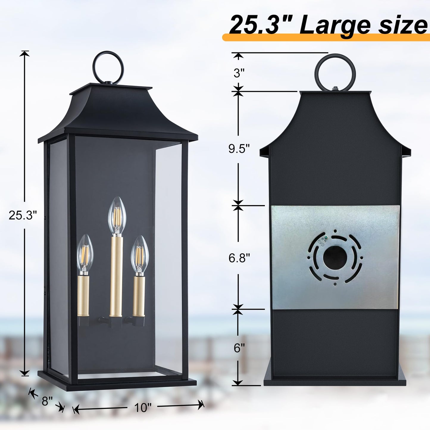 Lawyettle Dusk to Dawn Outdoor Wall Light 3-Light, 25.3" Large Outdoor Light Fixture, Black Exterior Wall Lantern, Waterproof Outside Wall Sconce