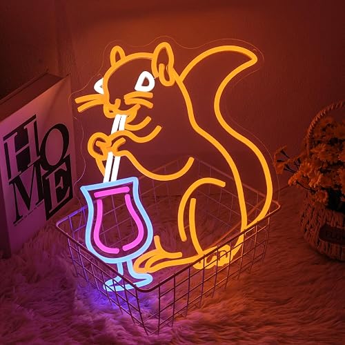 Squirrel Cocktail Neon Sign for Wall Decor Orange Squirrel Neon Light Bar LED Signs Animal LED Light for Bedroom Man Cave Business Club Game Room