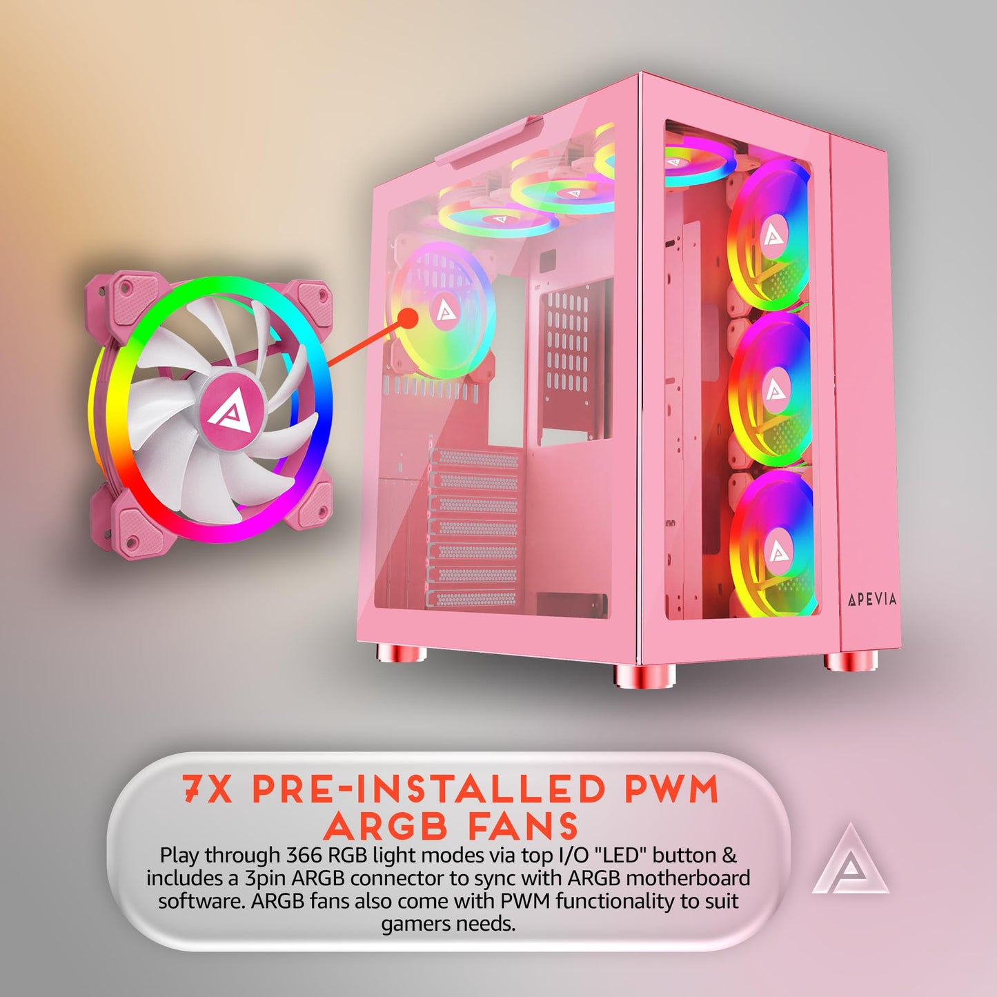 Apevia Prism-Elite-PK Prism Elite Mid Tower ATX Gaming PC Cube Case w/ 7X 120mm PWM ARGB Fans, 366 RGB Modes, Dual Tempered Glass Panels, 360mm