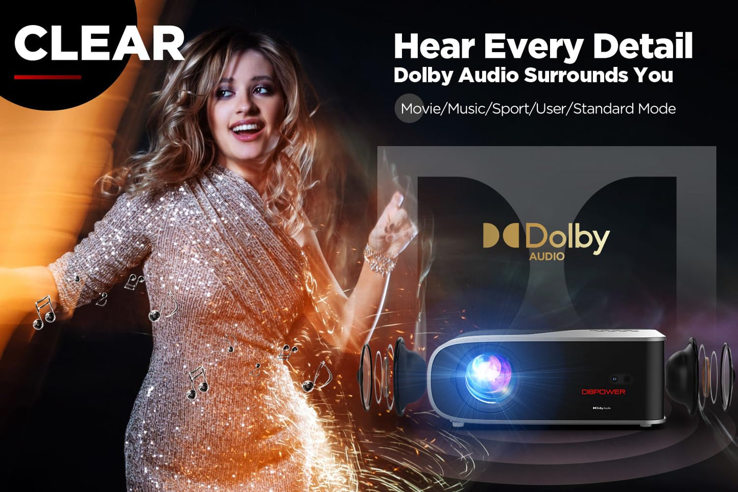 [Auto Focus/Dolby Audio]Smart Projector with WiFi and Bluetooth, DBPOWER Projector Built-in Apps, Native 1080P, Auto 6D Keystone, Zoom 50%, Upgraded