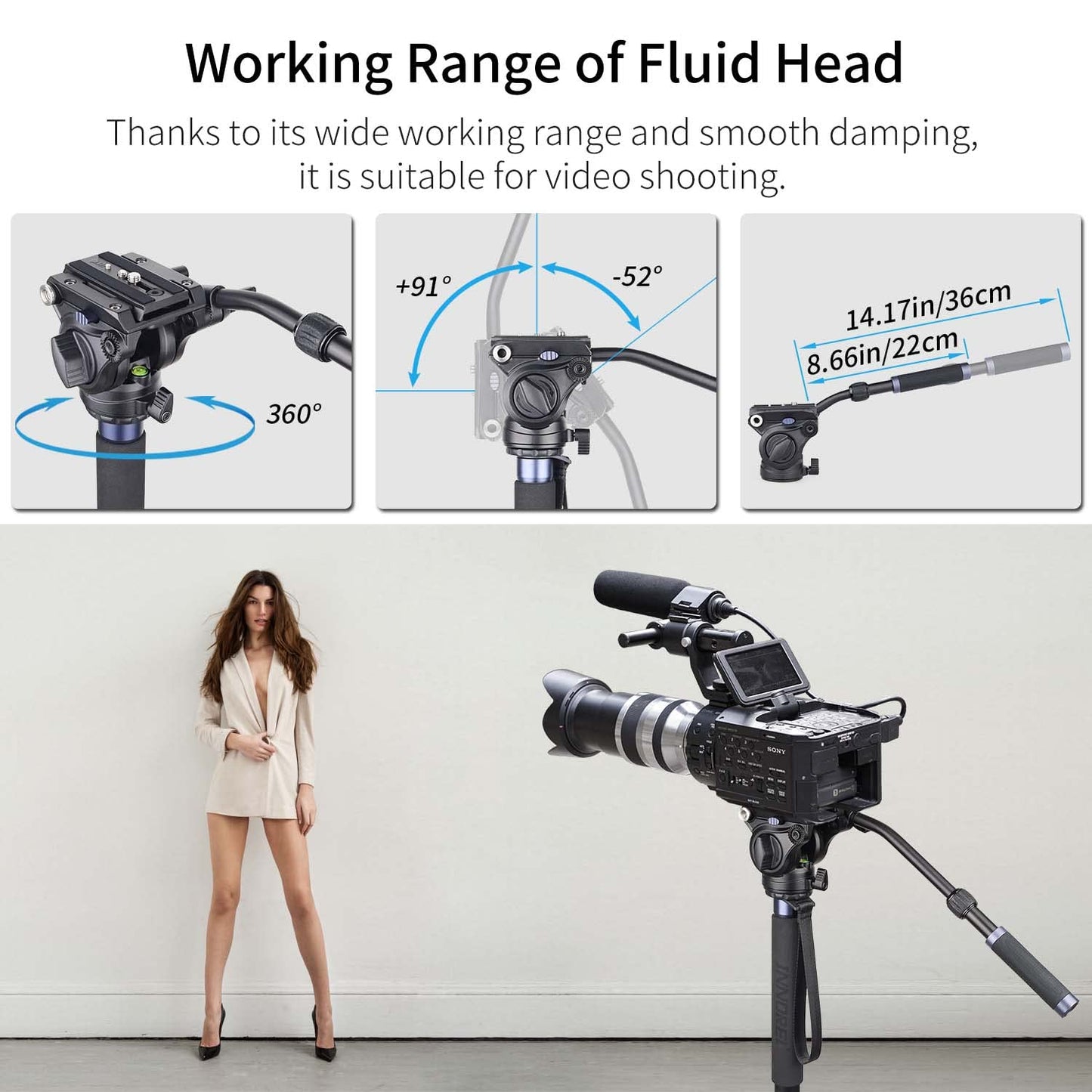 Video Camera Tripod Fluid Head-INNOREL F60,Professional Drag Pan Panoramic Fluid Head with 1/4" and 3/8" Screws Sliding Plate for DSLR
