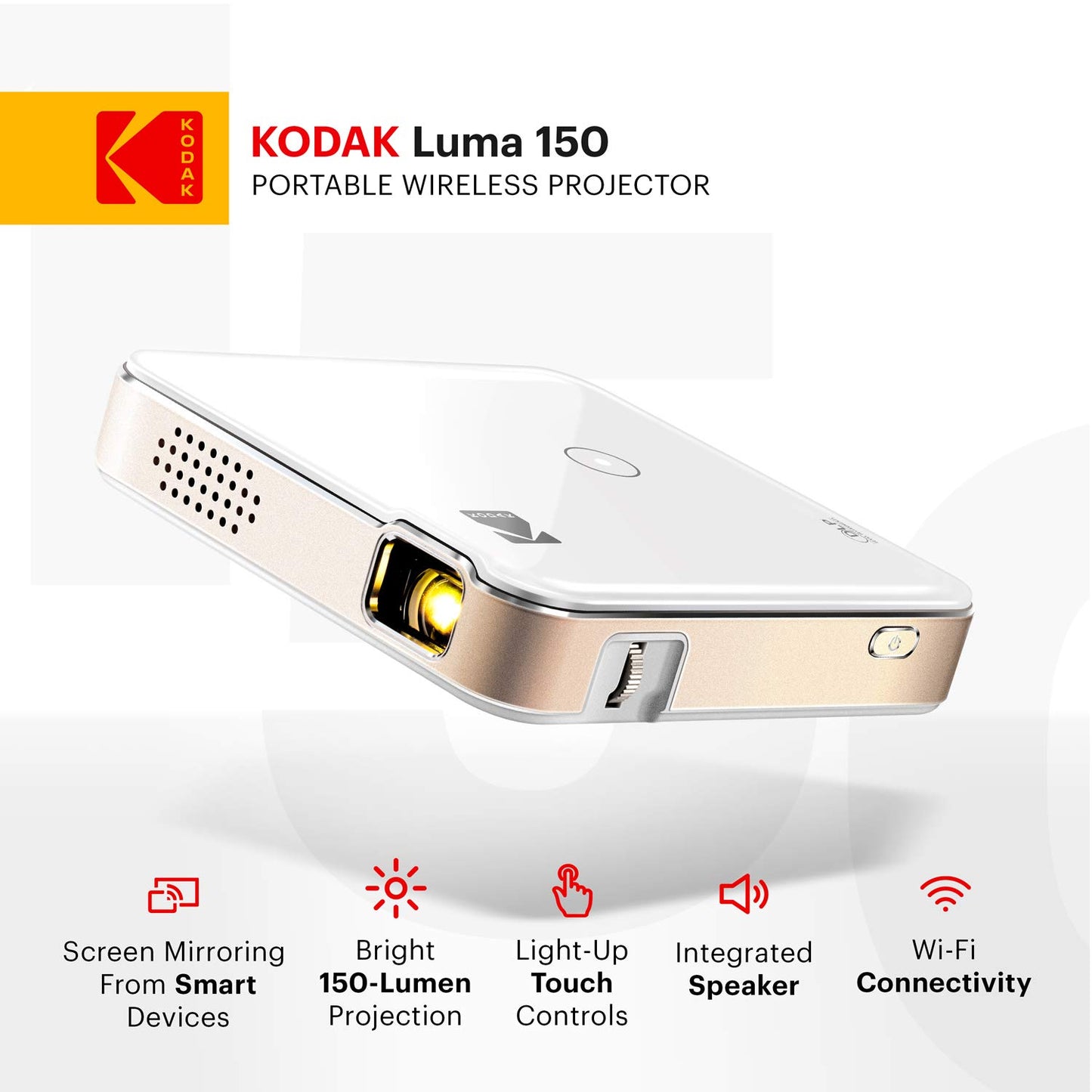 KODAK Luma 150 Pocket Projector | Portable Movie Projector w/ Built-In Speaker for Home & Office Produces Images Up to 150” - Includes Soft Case