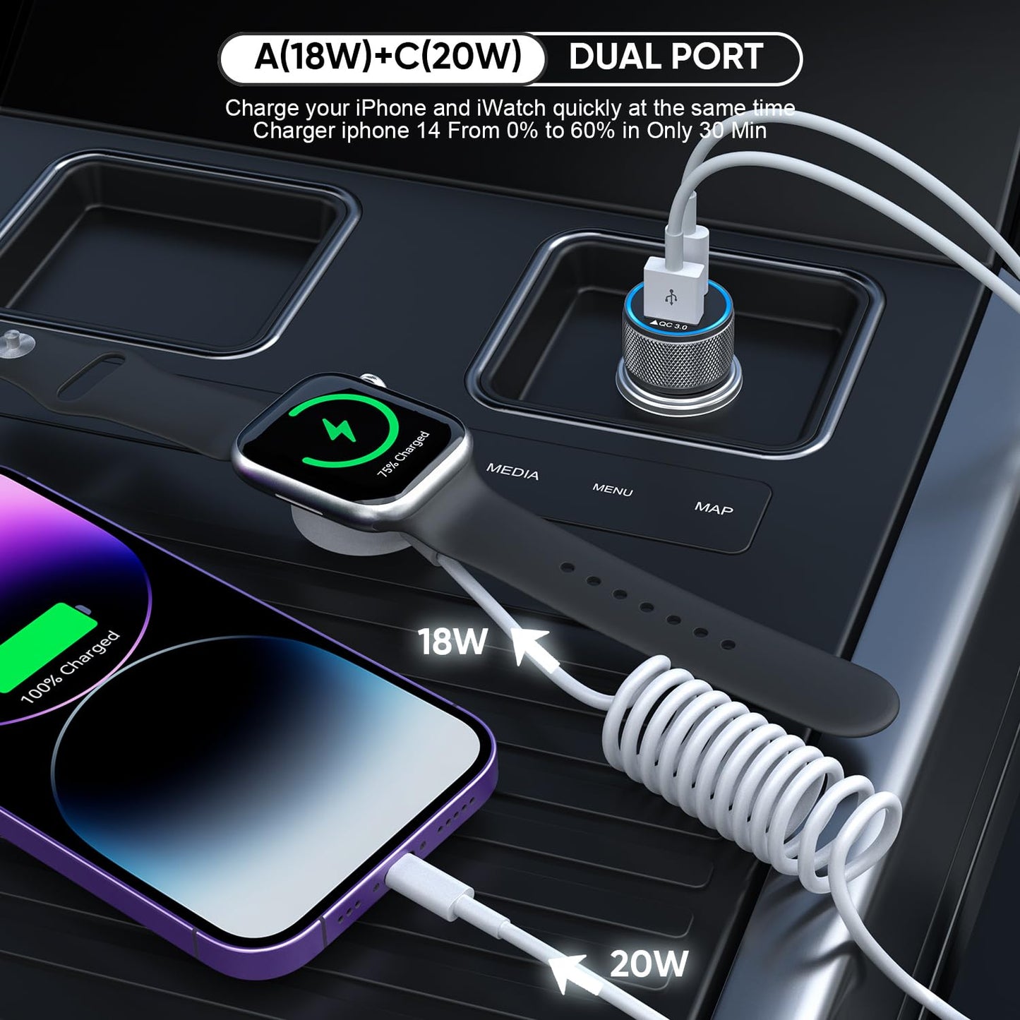 38W Car Charger for Apple Watch,Fast USB C Car Charger PD&QC3.0 Dual Port Charging Adapter,6 Foot USB-C to Lightning Cable with iWatch Cord Fast