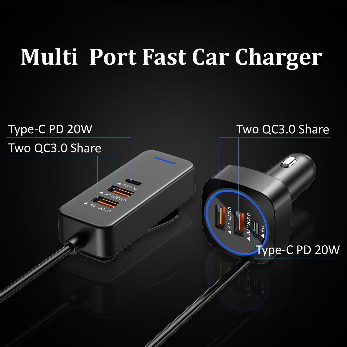 SZBAYO Car USB Charger Multi Port with 5.9FT Extension, QC3.0 76W Fast Charging Cigarette Lighter USB C Charger Adapter Multiple Ports for Mobile