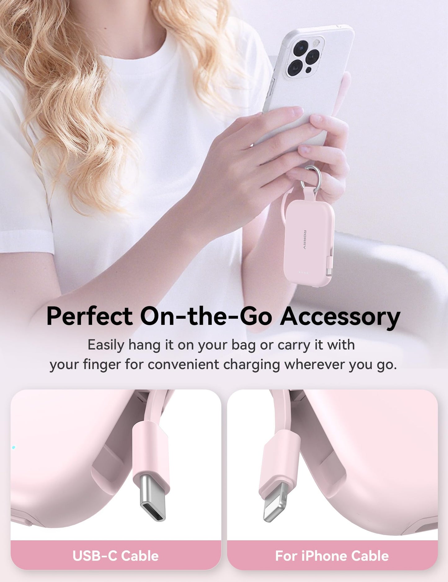 RORRY CharmGo Portable Charger, 5000mAh Portable Charger Power Bank with Built-in Cables, Travel Keychain Charger Battery Pack for iPhone