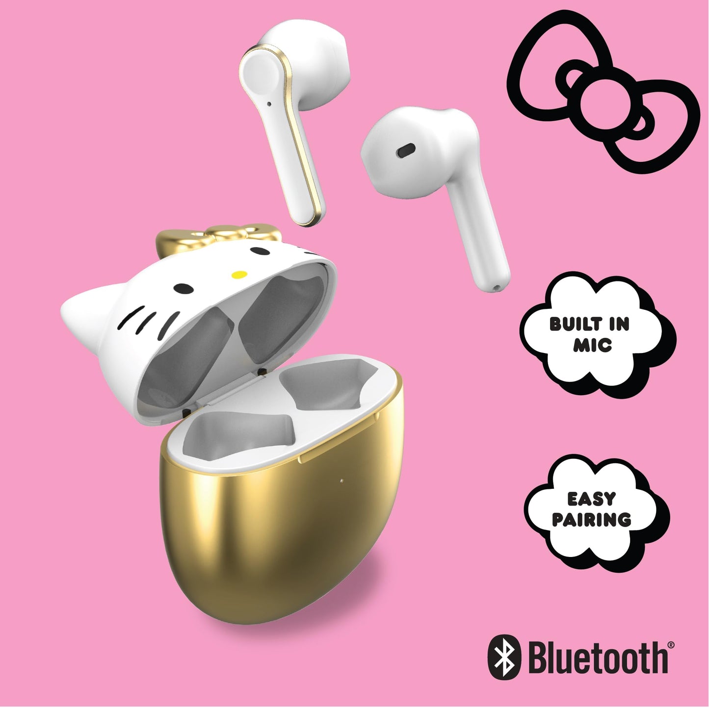 Hello Kitty Bluetooth Wireless Earbuds with Charging Case - Built-in Mic, Easy Pairing, Cute Design, Gold and White, Perfect for Kids, Teens Fans