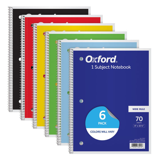Oxford Spiral Notebook, 6 Pack, 1 Subject, Wide Ruled Paper, Notebooks for School, 8 x 10.5 Inches, 70 Sheets, Assorted Colors, Back to School