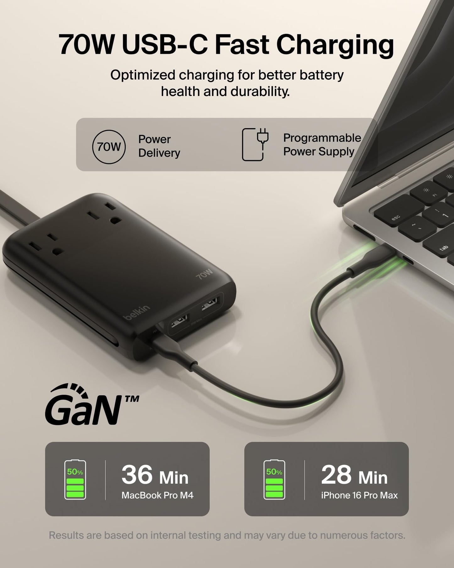 Belkin Travel Power Strip 70W, 6-in-1 GaN Charging Station USB C Charger w/ 2 AC Outlets, 2 USB A Ports, Integrated USB C Cable - Power Strip