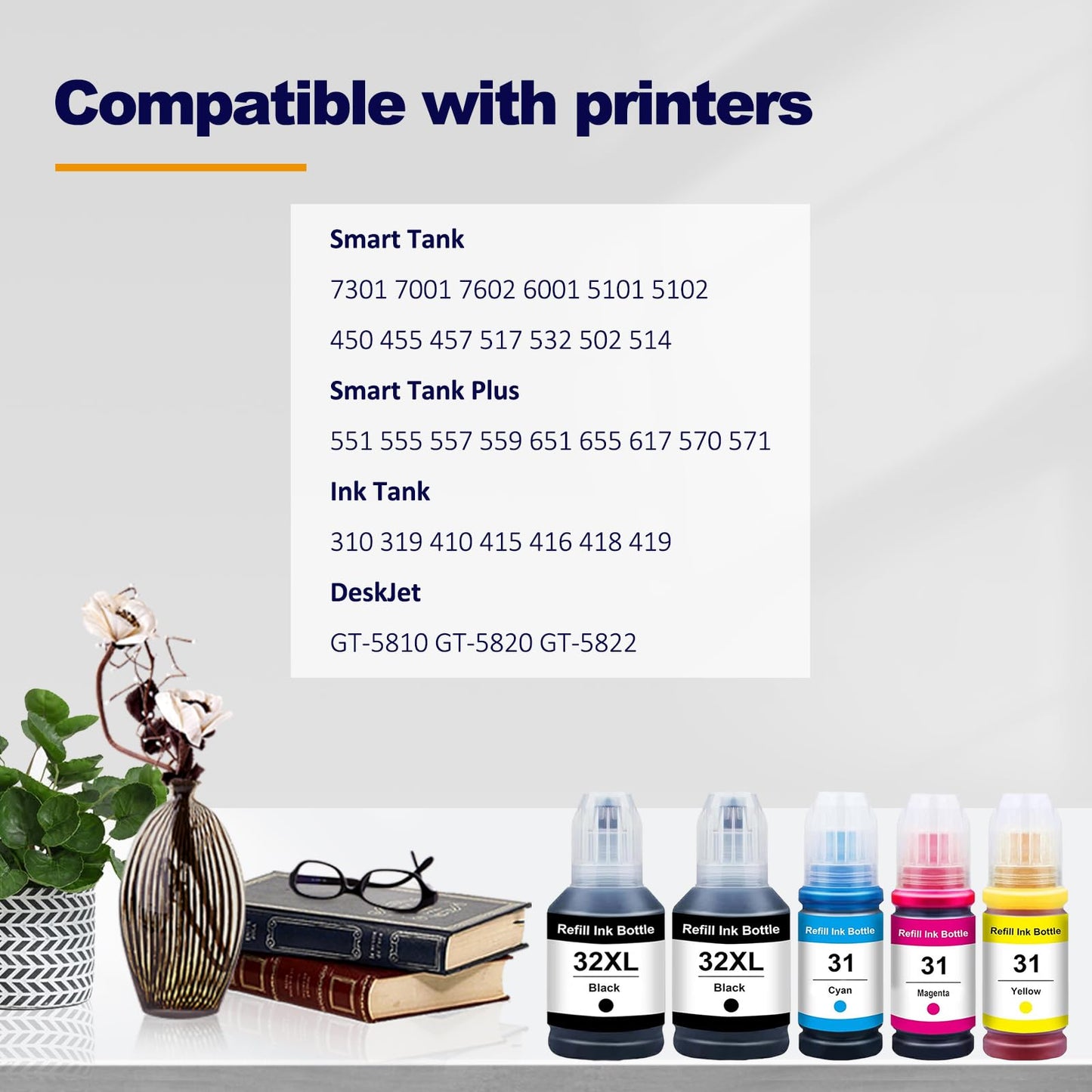 LAIPENG 31 32XL 32 XL Ink Compatible for HP Smart Tank 7301 7001 7602 6001 5101 5102 Plus 651 551 455 457 450 Printer 5 Color Multipack (BK*2/C/M/Y)