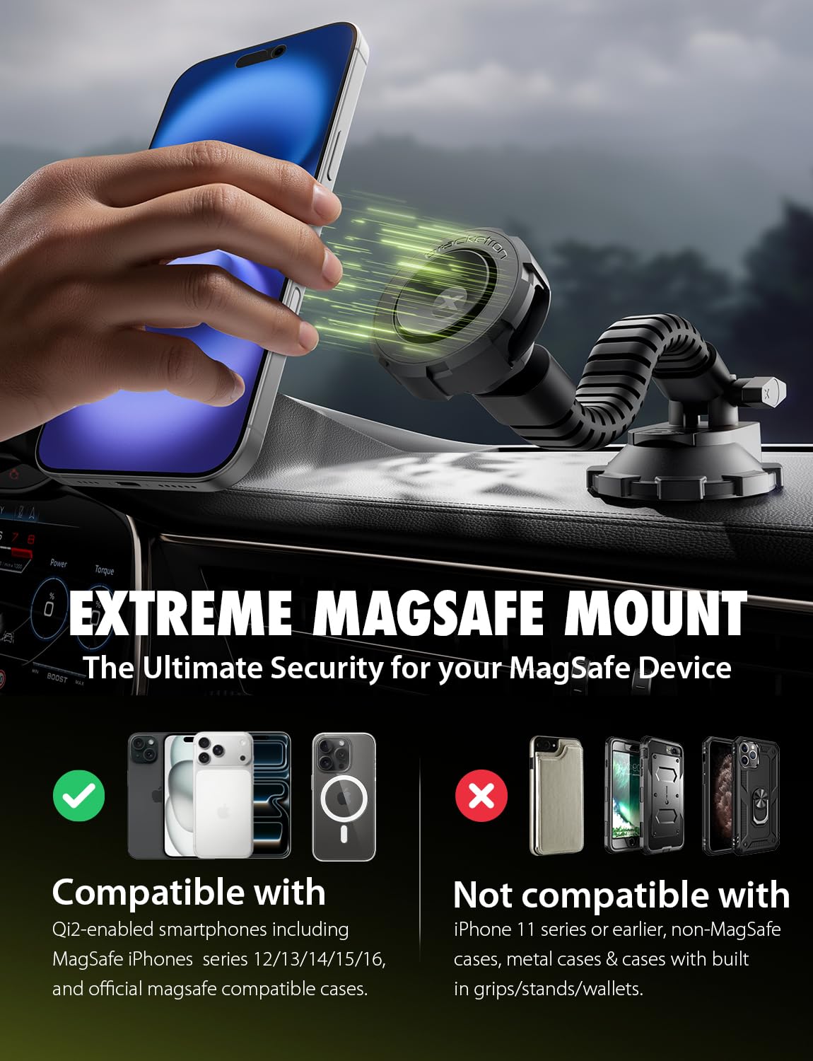 Bracketron MagAlign X Pro - Magsafe Car Phone Mount for Truck with Flexible Arm for Dashboard & Windshield - Magnetic Phone Holders for Your Car