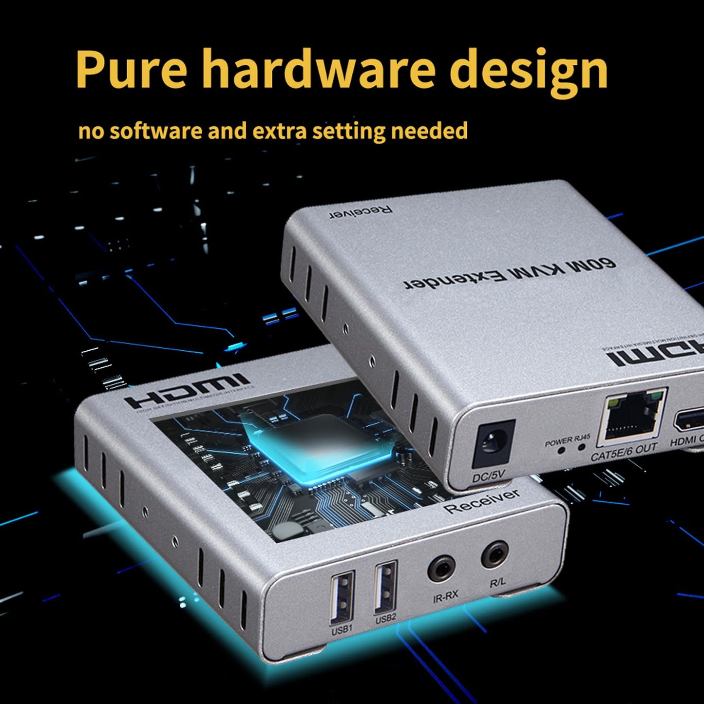 196FT HDMI KVM USB Extender with Loop Out and IR Control, BolAAzuL HDMI KVM Extender Kit Balun 1080P 60Hz Over Cat5e/6 Ethernet Cable for USB Keyboard