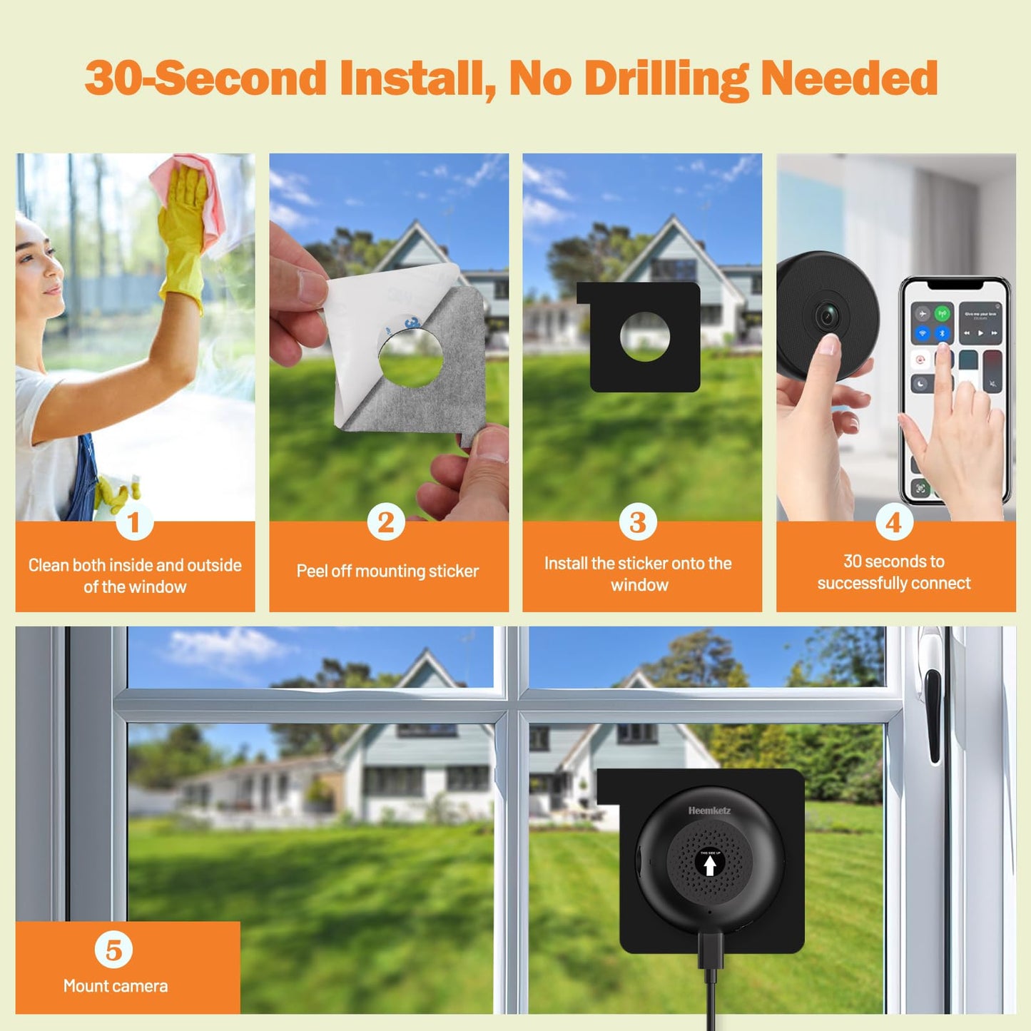 Heemketz 2 Pack No-Drill Window Camera, 5GHz & 2.4GHz WiFi 2K Outdoor Monitoring Thru Glass, Anti-Glare Full Color Night Vision, Window Mounted