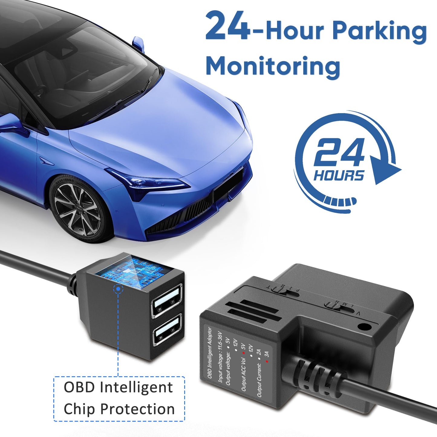 XHQLZMLE OBD Power Cable for Dash Cam, OBD-II Power Adapter with Dual USB Ports, 24H Parking Mode, Low Voltage Protection, Compatible with Garmin Dash