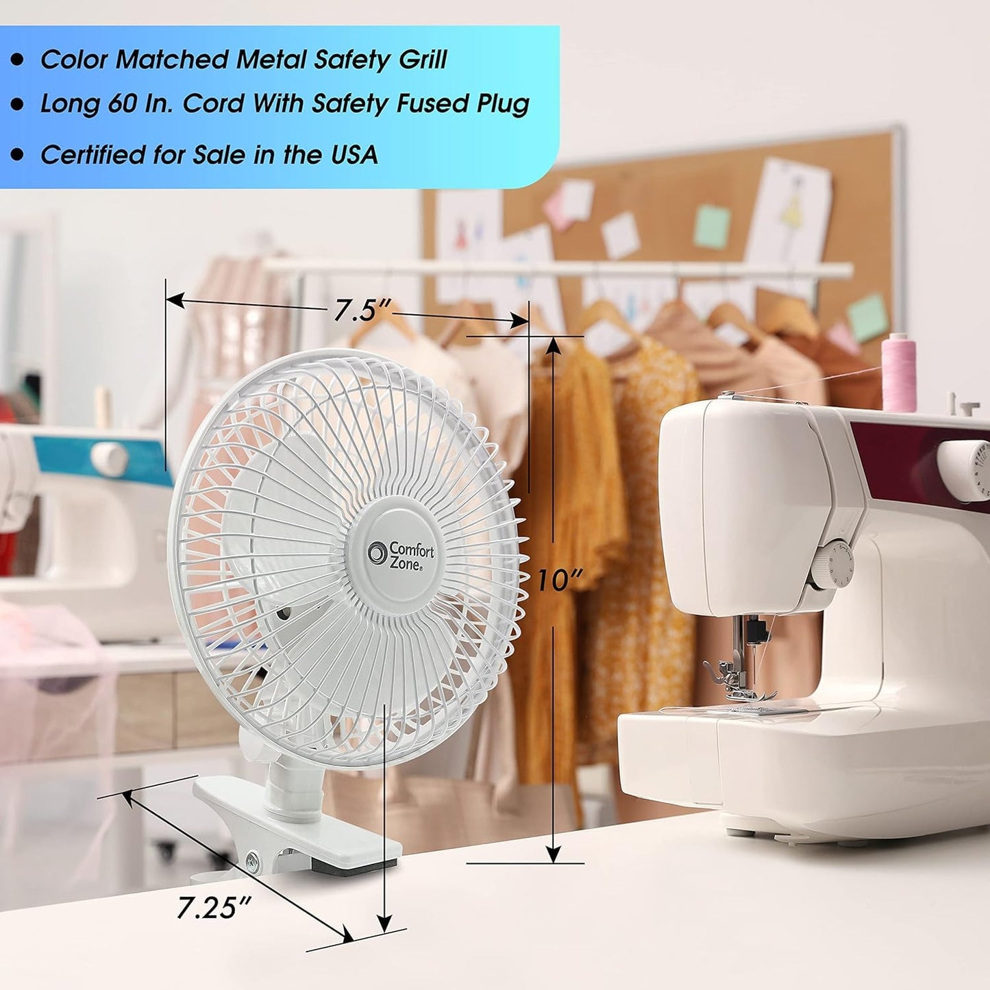 Comfort Zone 6-Inch Corded Clip-On Personal Fan - 2-Speed Quiet Desk Fan with 360° Rotation, Fully Adjustable Tilt & Secure Strong Clamp - Mini Air