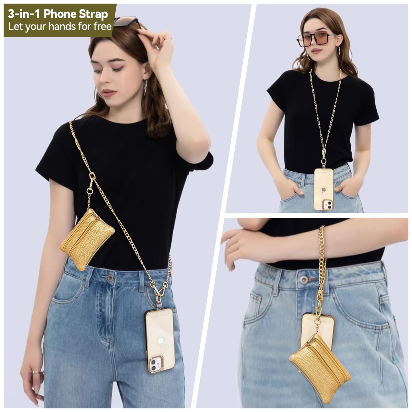 Clip and Go Strap for Phone Gold Metal Chain with Gold Purse Wallet Crossbody Phone Lanyard for Women with Cell Phone Stand Holder 2 Patches Tether