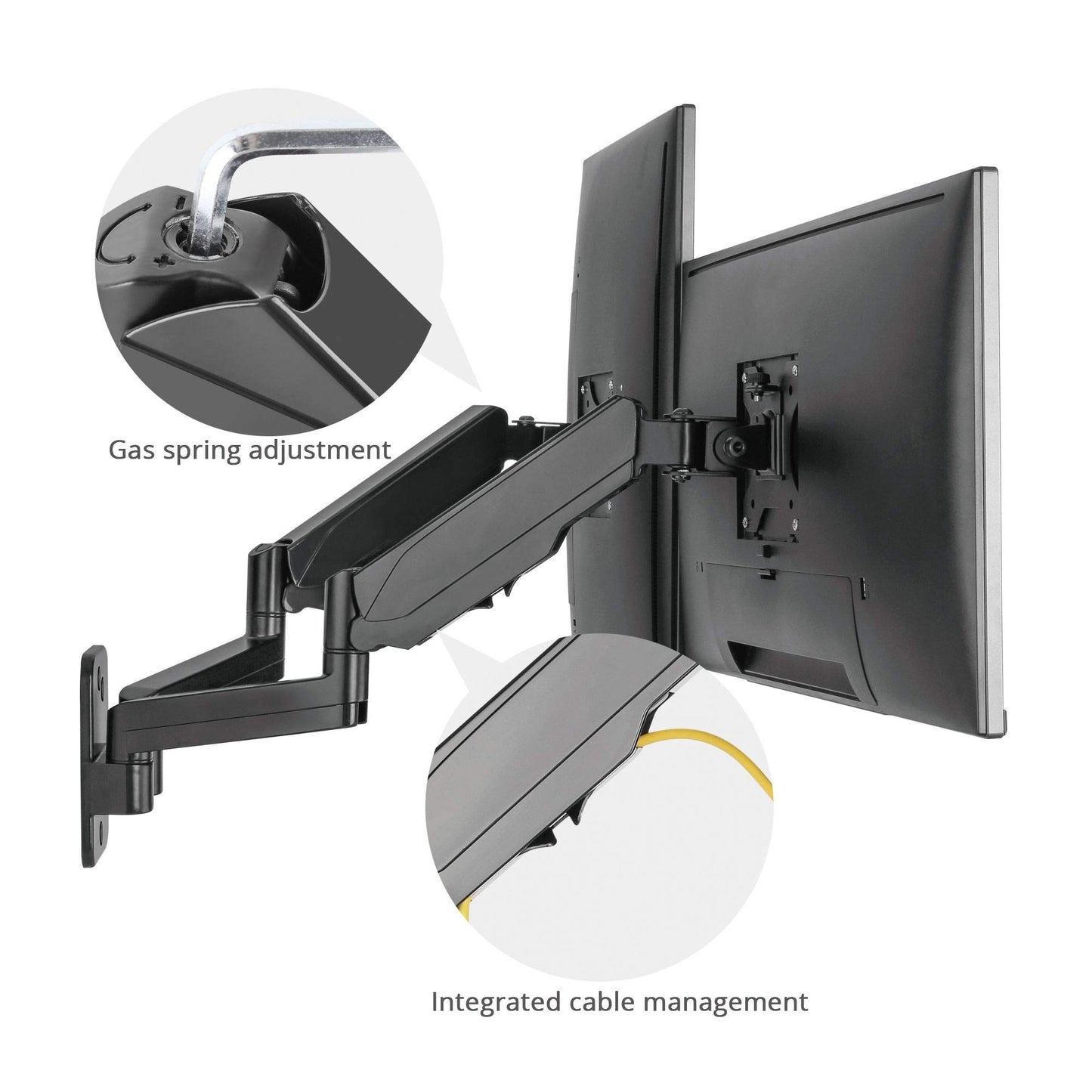 SIIG Dual Arm Monitor Wall Mount for 17" to 32" Screens, Up to 17.6lbs per Monitor, Heavy Duty Aluminum Gas Spring with Rotation, Tilt, Swivel, VESA