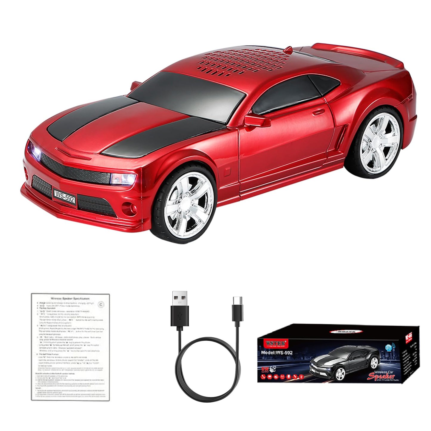 WSTER WS-592 Supercar Design Bluetooth Replica Speaker - Portable Car Model Wireless Speaker with TWS Stereo, FM Radio, LED Party Lights, USB/TF
