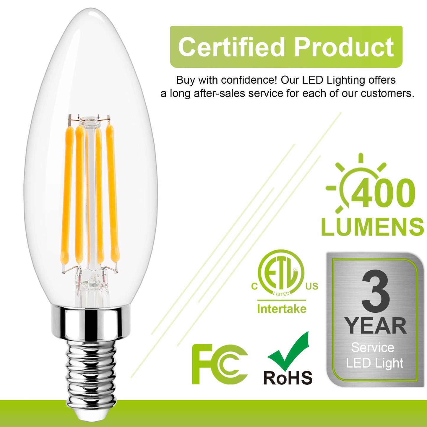 Dimmable Candelabra LED Light Bulb 40W Equivalent, E12 Chandelier Light Bulbs Warm White 3000K , 400LM, CRI 85+, B11 Type B Ceiling Fan Bulb 4W, Clear