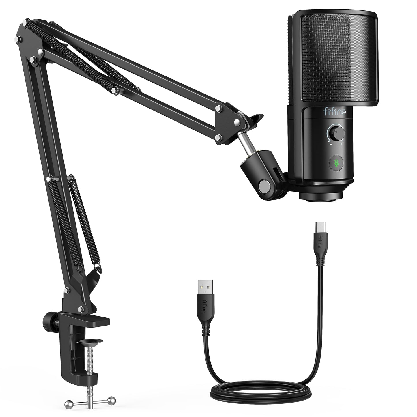 FIFINE USB Podcast Microphone, PC Computer Condenser Microphone Plug & Play Mic Kit with Boom Arm Stand, 16MM Large Diaphragm, Mute Button for