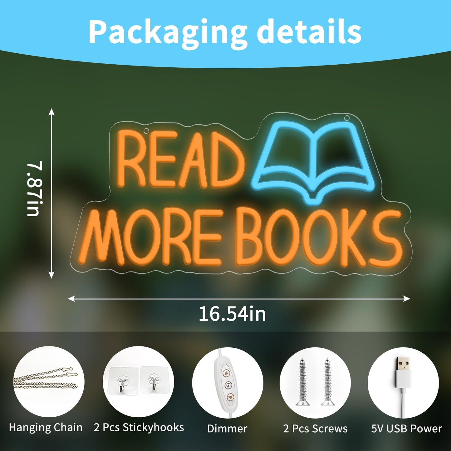 Read More Books Neon Sign, Dimmable LED Wall Decor, USB Powered Acrylic Bookish Light for Bedroom, Library, Reading Nook, Classroom & Book Lover Gift