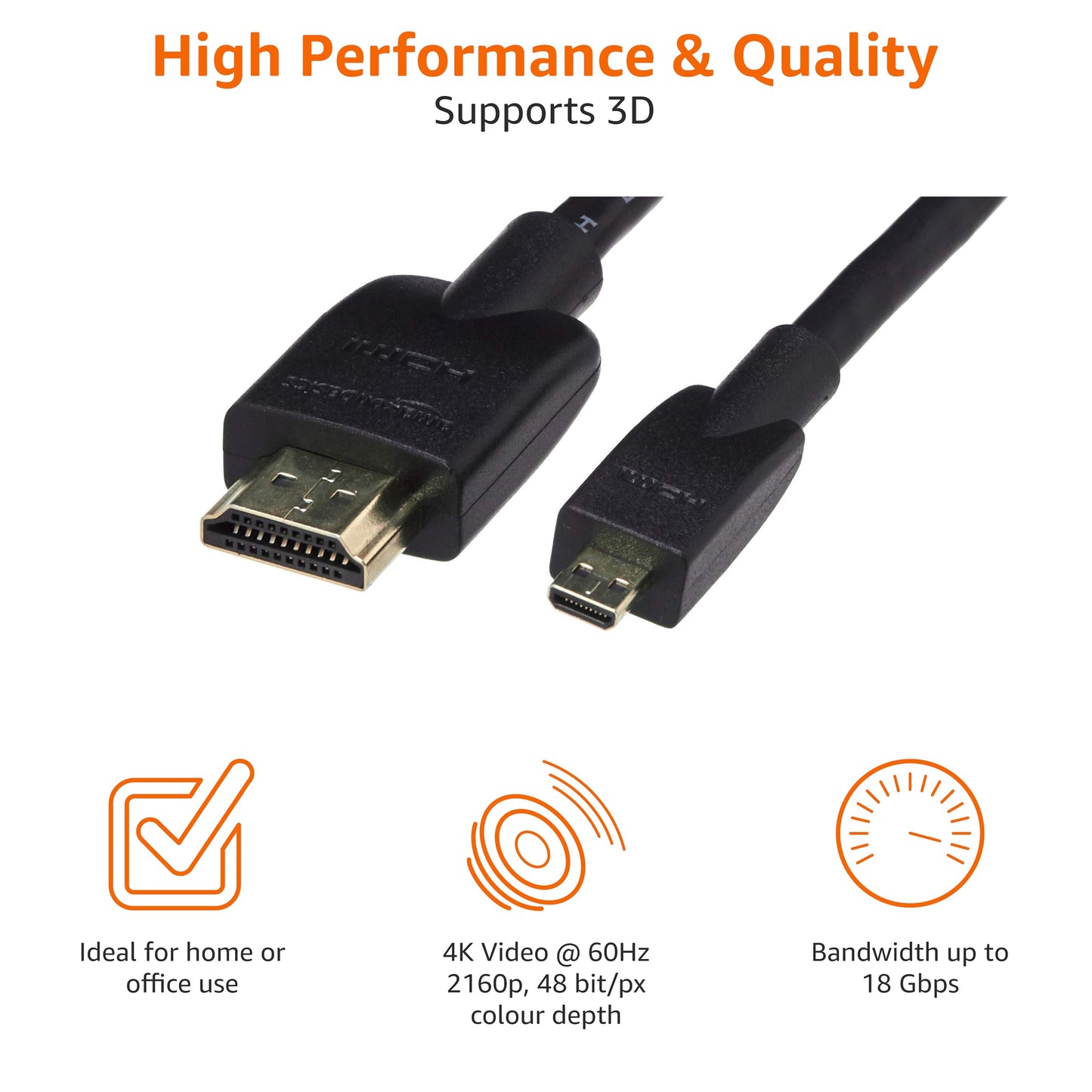 Amazon Basics Micro HDMI to HDMI Display Cable, 18Gbps High-Speed, 4K@60Hz, 2160p, 48-Bit Color, Ethernet Ready, 6 Foot, Black