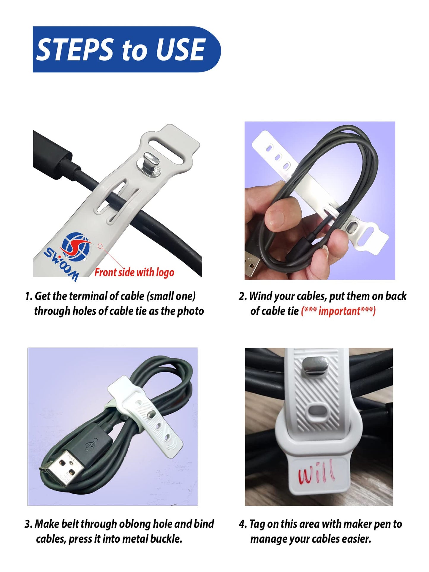 SWOOM Silicone Cable Ties,Fastening Cable Management,Reusable Wire Organizer,Cable Straps Hook and Loop Cord Ties,Adjustable Ties,Premium Cord