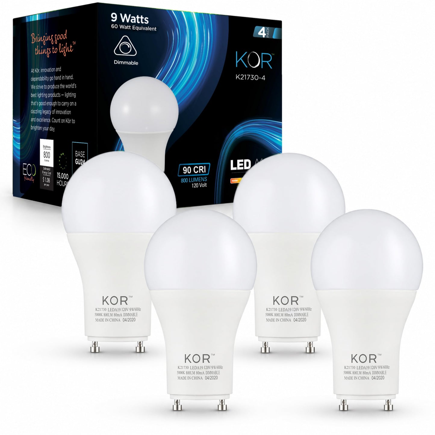 KOR GU24 A19 LED Light Bulbs, 5000K Daylight, Dimmable, 9W, 4-Pack