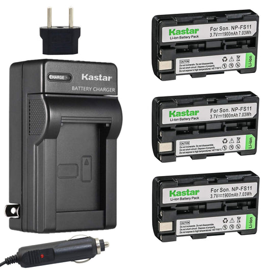 Kastar Battery 3-Pack and Charger for Sony NP-FS11 and CCD-CR1 CCD-CR5 DCR-PC1 DCR-PC2 DCR-PC3 DCR-PC4 DCR-PC5 DCR-TRV1VE Cybershot DSC-F505 DSC-F505V