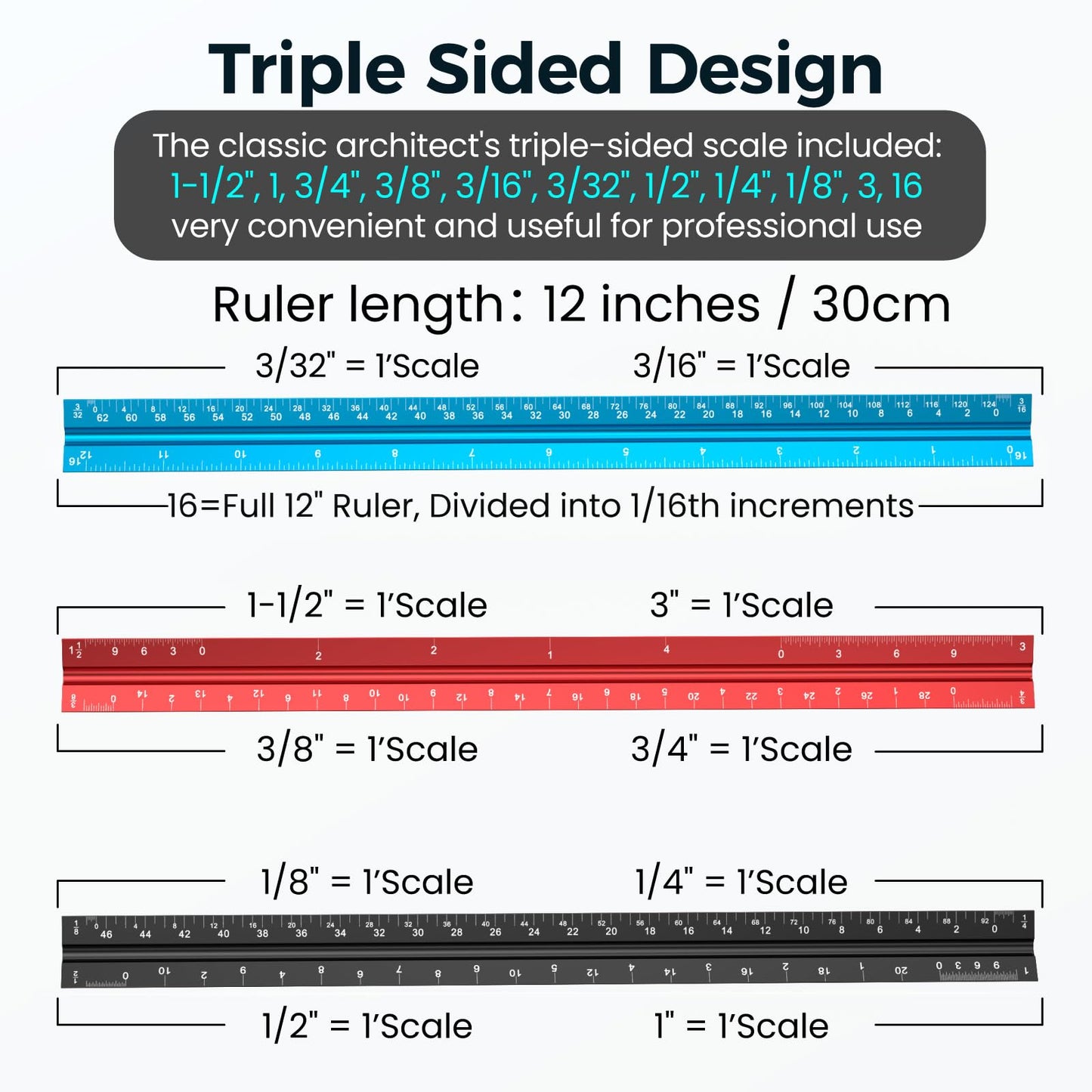 Rena Chris Architectural Scale Ruler: 12" Imperial Aluminum Alloy Metal Architecture Measuring Tools, Engineering Drafting Construction Drawing
