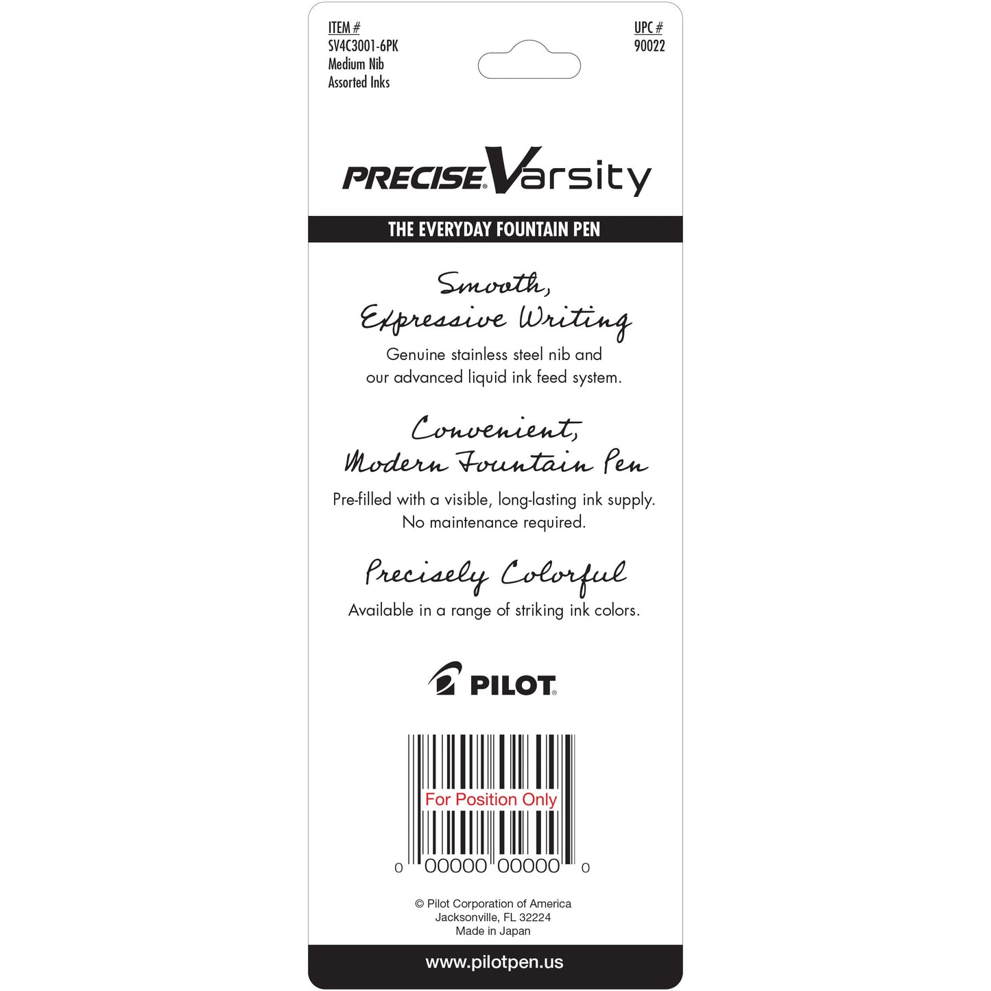Pilot Precise Varsity Pre-Filled Fountain Pens for Writing, Medium Point Stainless Steel Nib, Black/Blue/Purple Ink, 1.0mm, 3-Pack