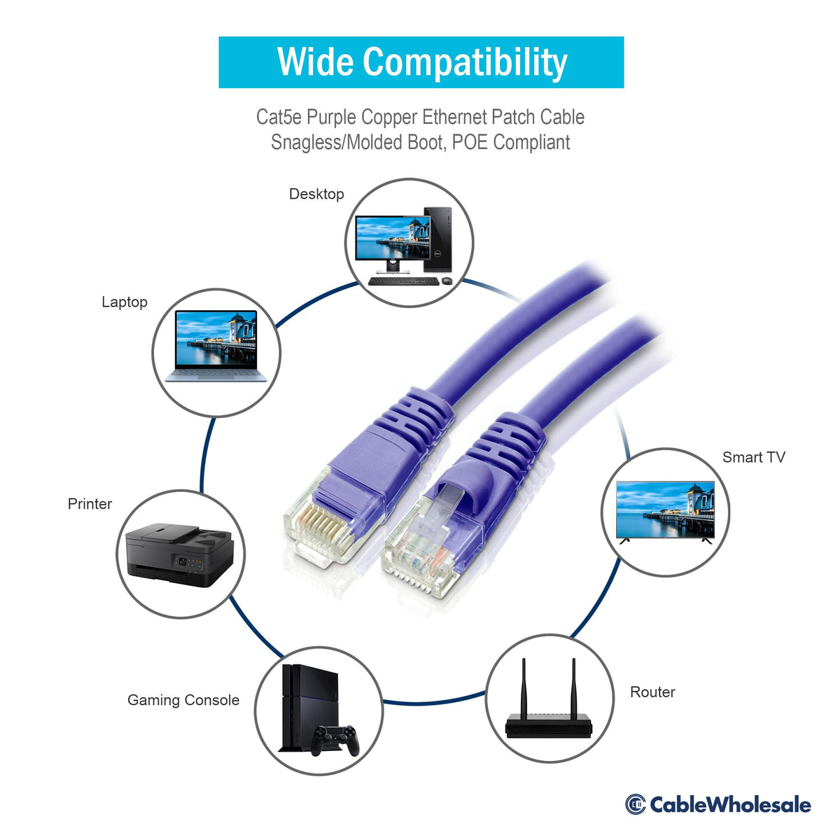 CableWholesale Cat5e UTP Ethernet Cable, Snagless Boot, PoE, 50 ft, Purple