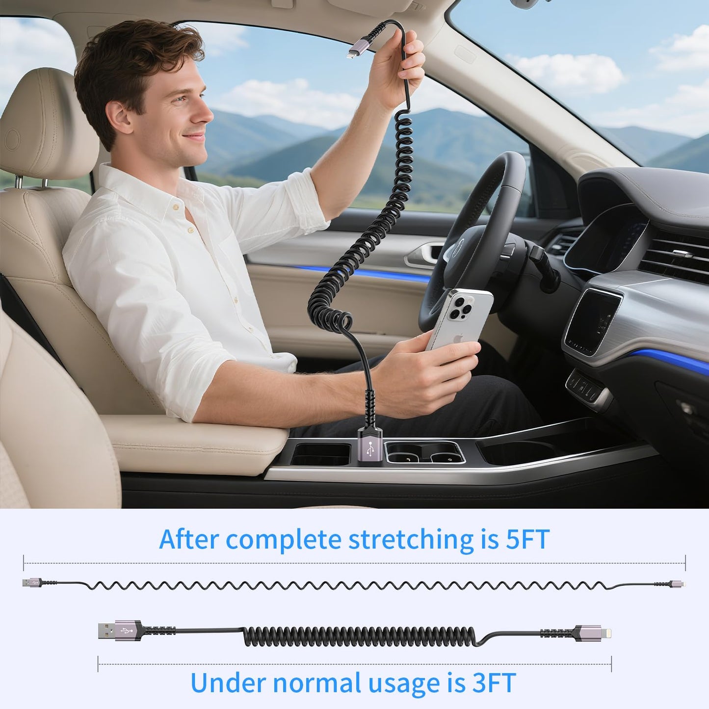 3 Pack Coiled Lightning Cable for Car [MFi Certified] Retractable iPhone Charger Apple CarPlay USB to Lightning Cord Fast Charging for iPhone 14 13…