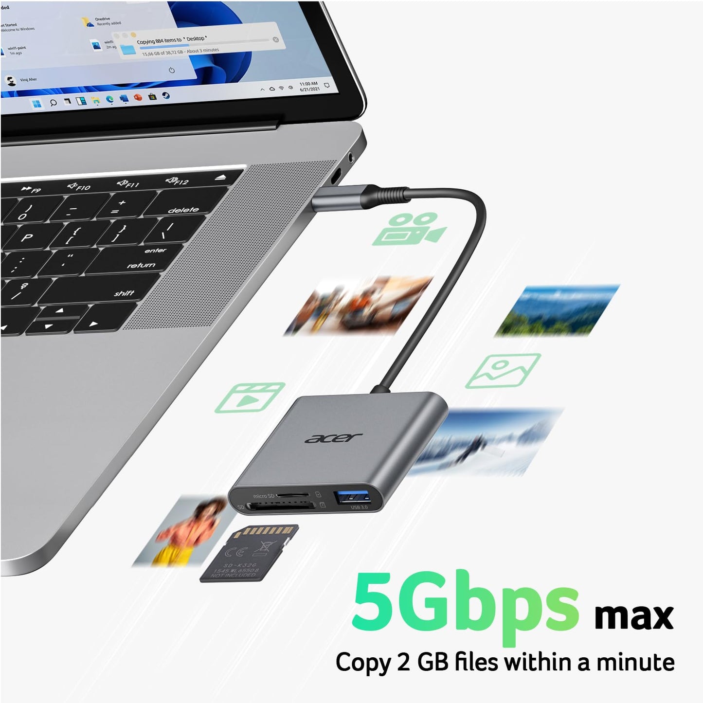 Acer SD Card Reader USB C, 3 in 1 Memory Card Reader with Dual Slots & USB 3.0, Micro SD Card Adapter for iPhone 17/16/15 Compatible with Camera