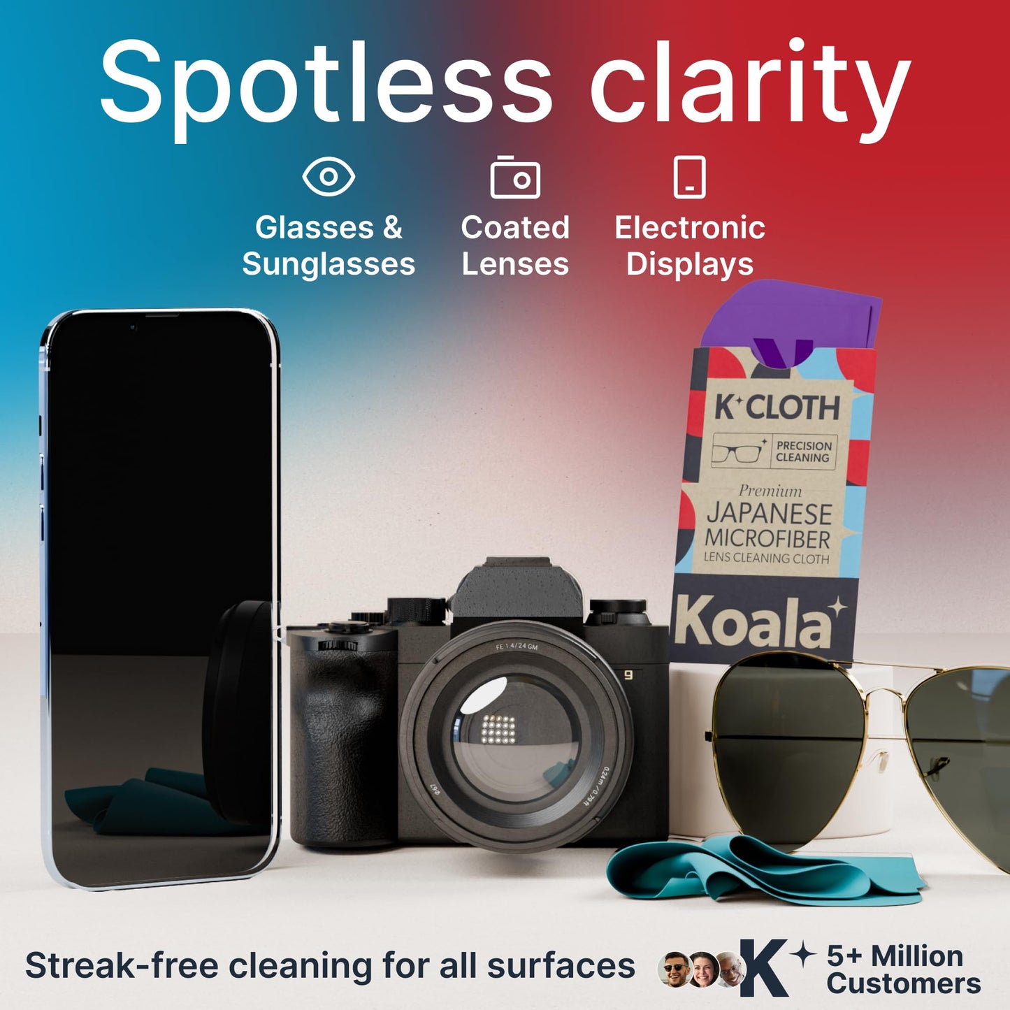 Koala Lens Cleaning Cloth | Japanese Microfiber | Glasses Cleaning Cloths | Eyeglass Lens Cleaner | Eyeglasses, Camera, VR/AR Headset, and Screen