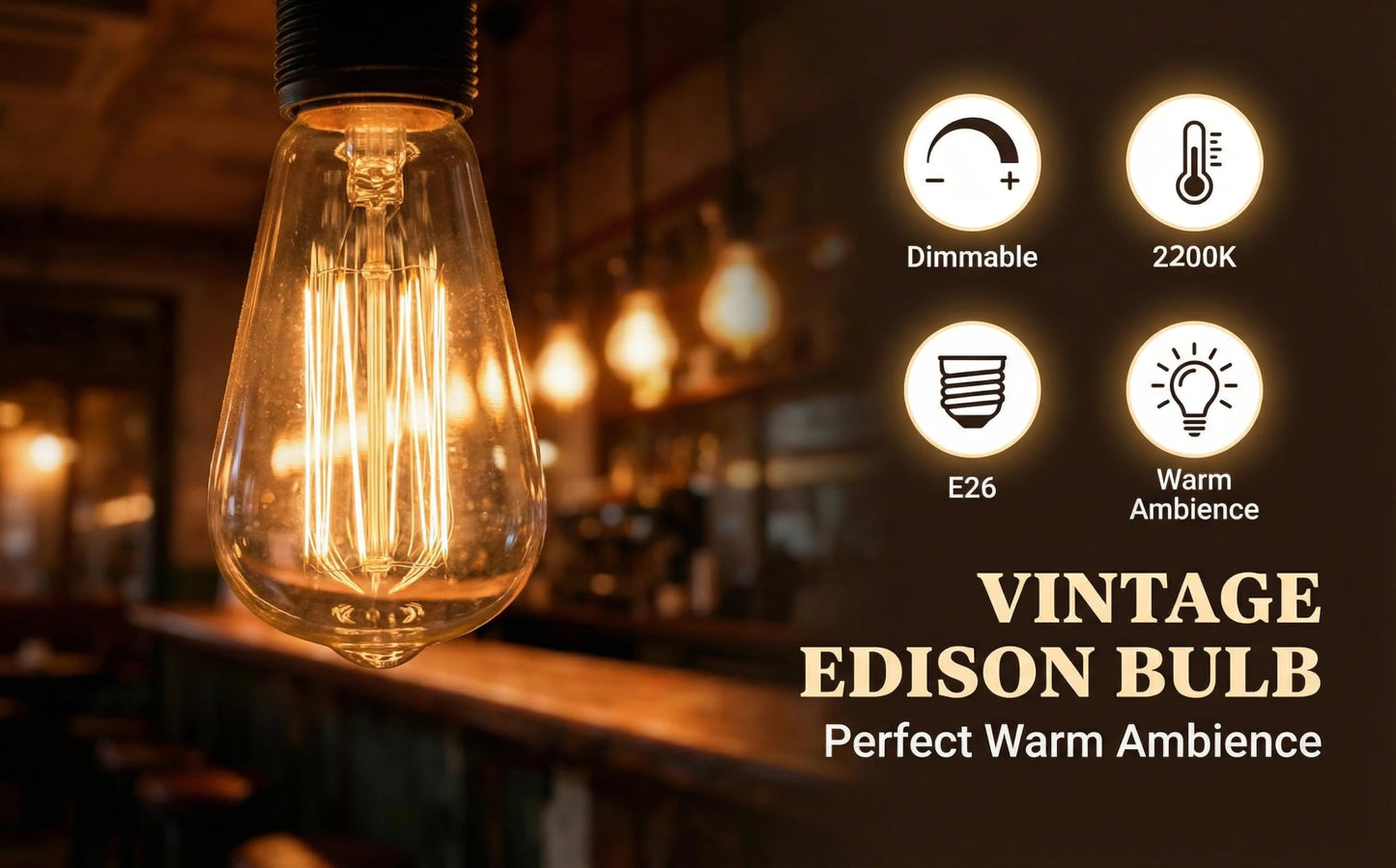 ST64 Incandescent Edison Bulb 60W E26 2200K Dimmable Amber Glass 6-Pack